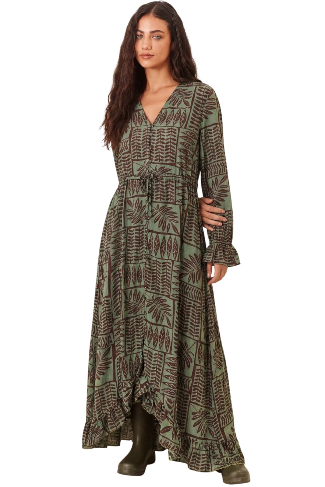Vestido Longo Com Fechamento De Botões Verde Estampado Yacamim C7 - Estampado