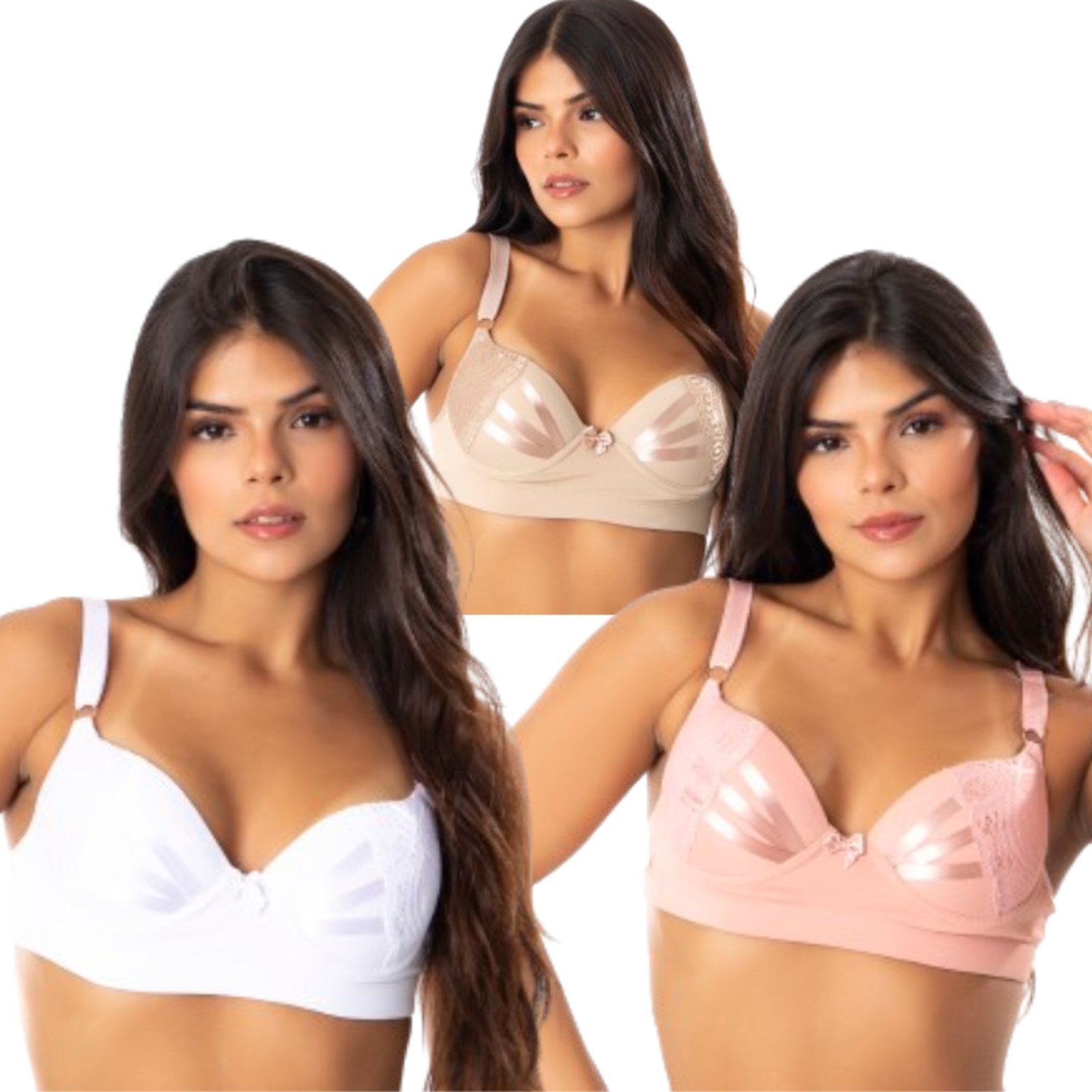 Kit 3 Sutiã De Bojo Reforçado Reflexo Íntimo Com Bojo Detalhes Em Fita Cetim Multicolorido