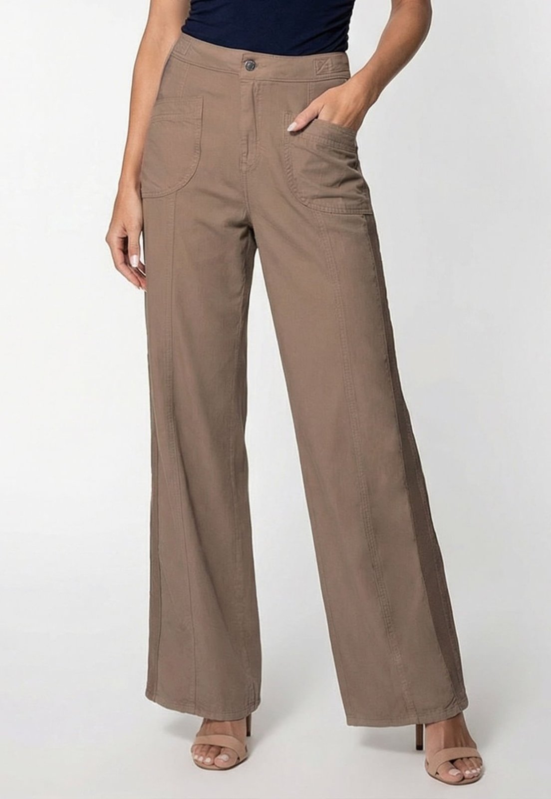 Calça Reta Guess Bolsos Frente Faixa Lateral Marrom