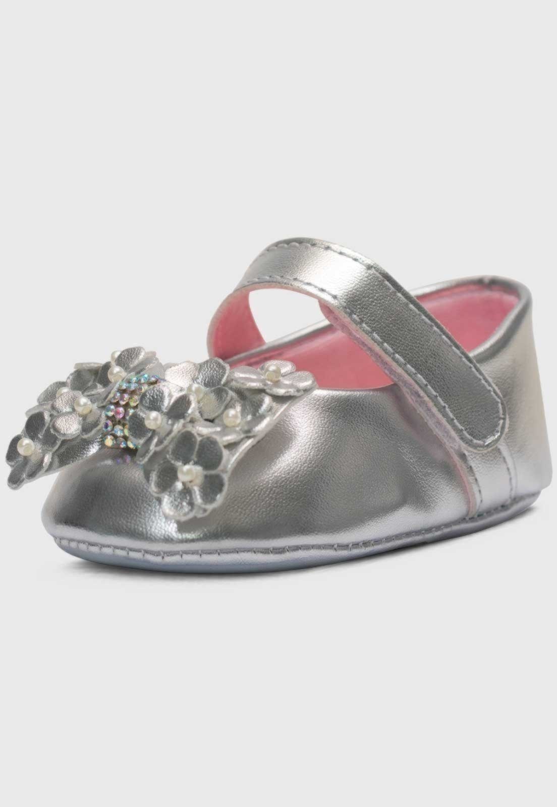 Vista 2 Infantil - Sapatinho Pópidi Menina Sapatilha Laço Flores prata Pópidí prata