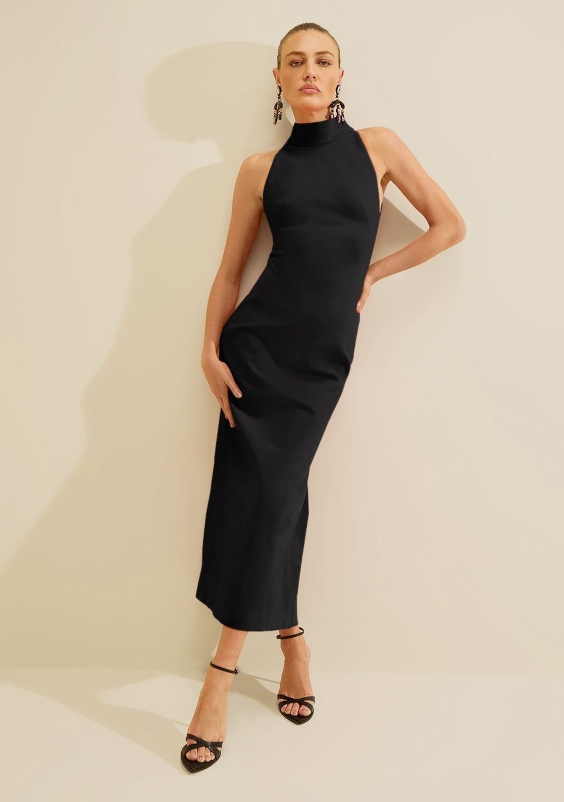 Vestido Midi Gola Alta Carmim - Preto