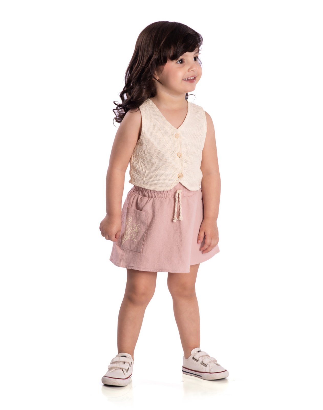 Infantil - Conj. colete em laise natural + saia rosa