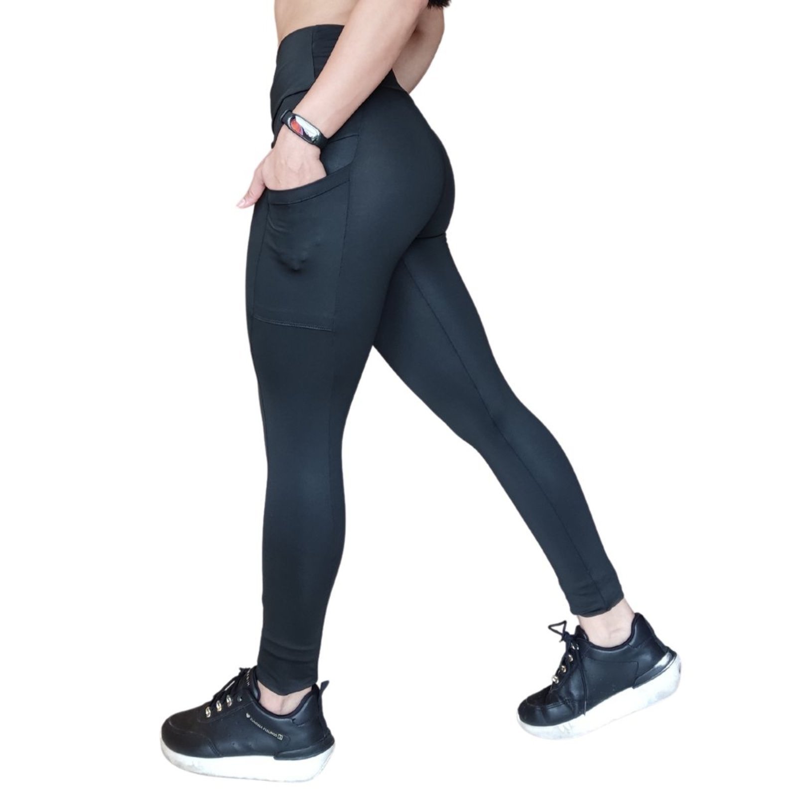 Vista 2 Calça Legging Plus Size Heide Ribeiro Two Colors Pocket Com Bolso preto preto