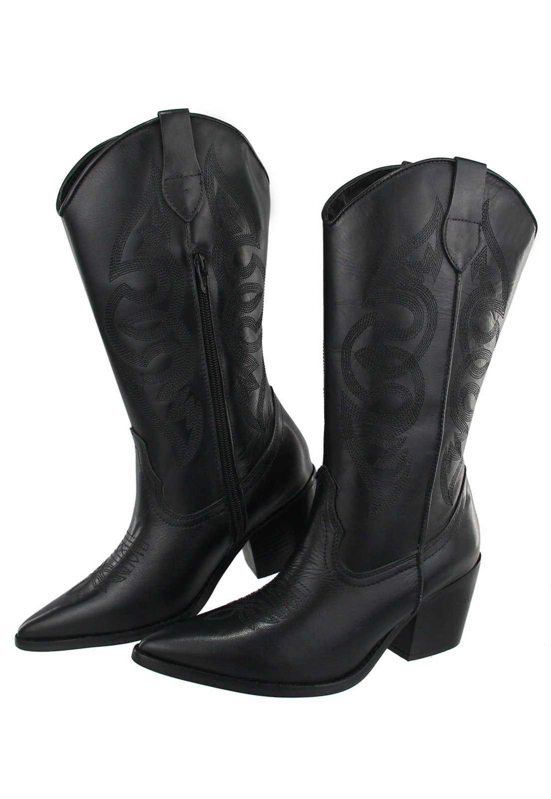Bota Texana Country Em Couro Feminina Bico Fino Maria Paula Preto