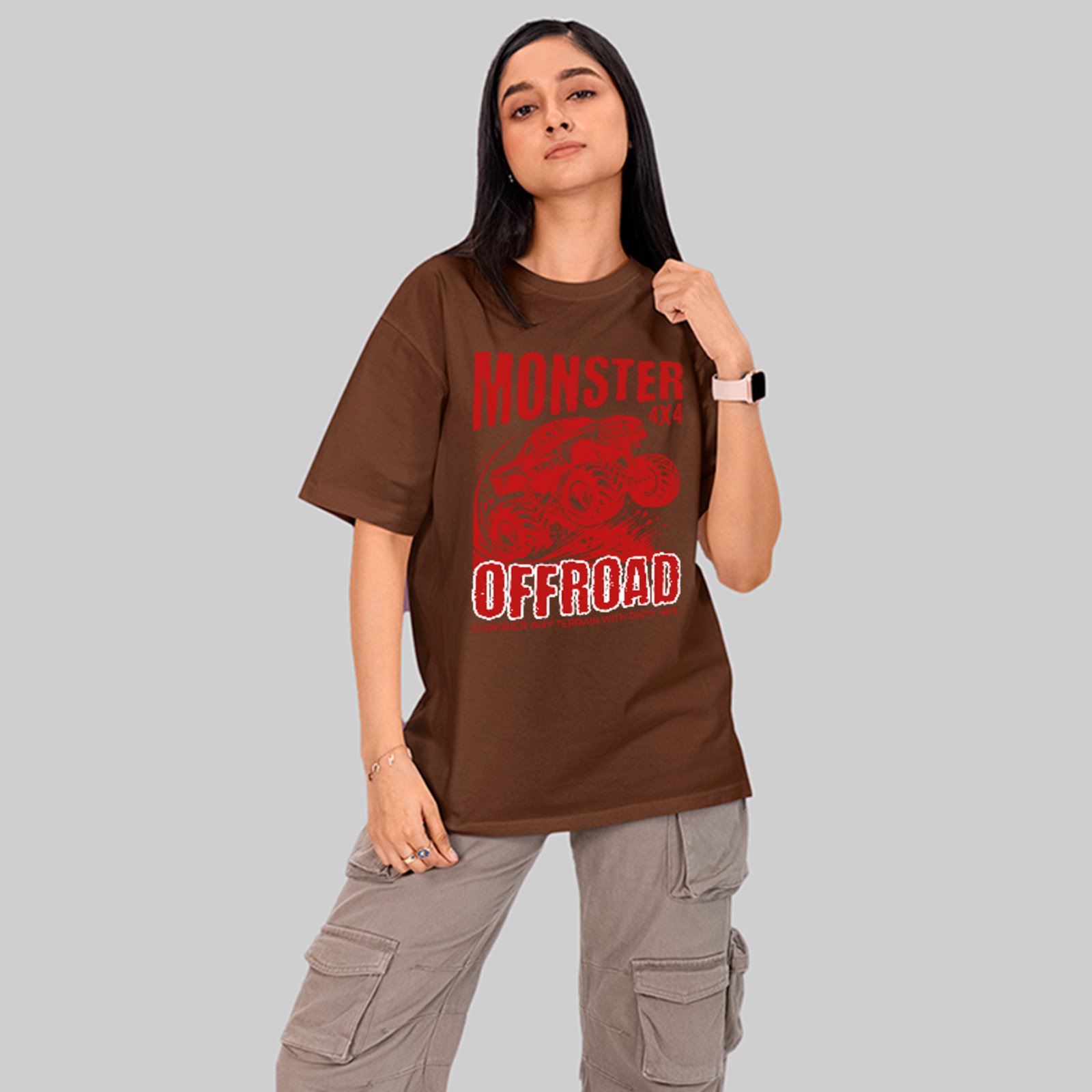 Camiseta Oversized Monster Truck Off Road 4x4 Aventura Unissex Marrom