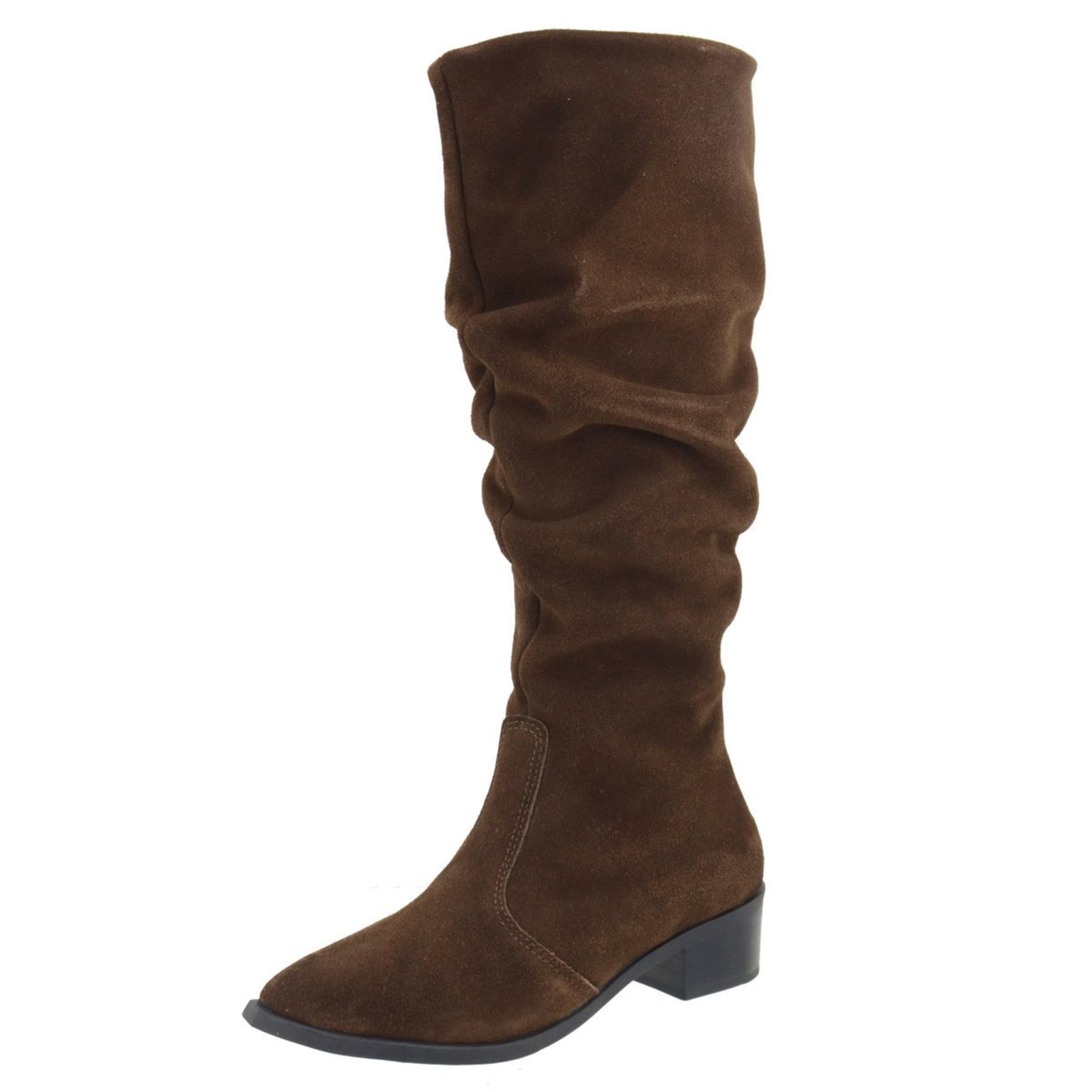Bota Enrugada Couro Legitimo Bico Fino Cano Longo Cano Alto Camurça Café Feminina Lançamento Confortável