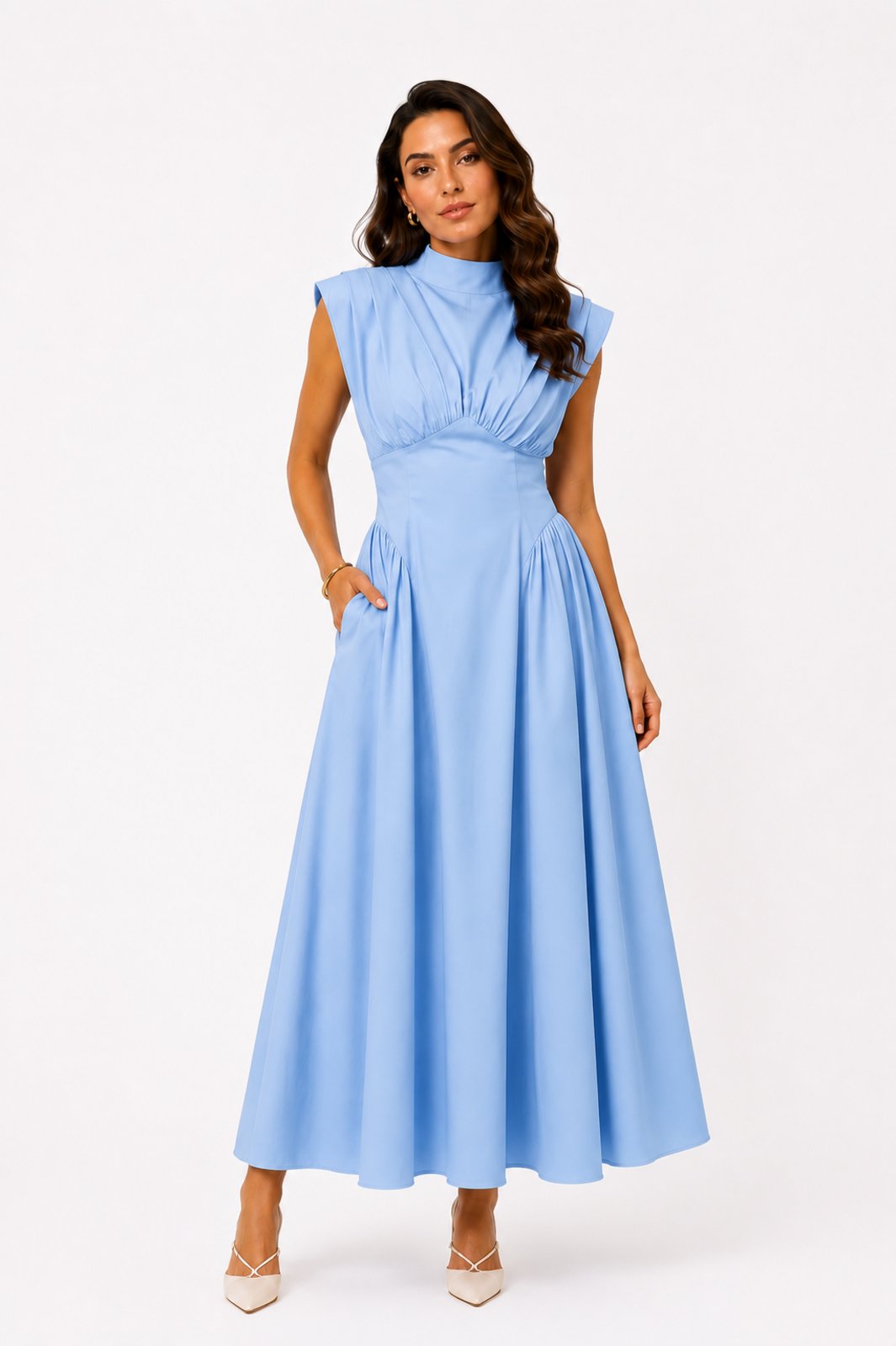 Vestido Longo D Bell Outlet Fashion Drapeado Azul