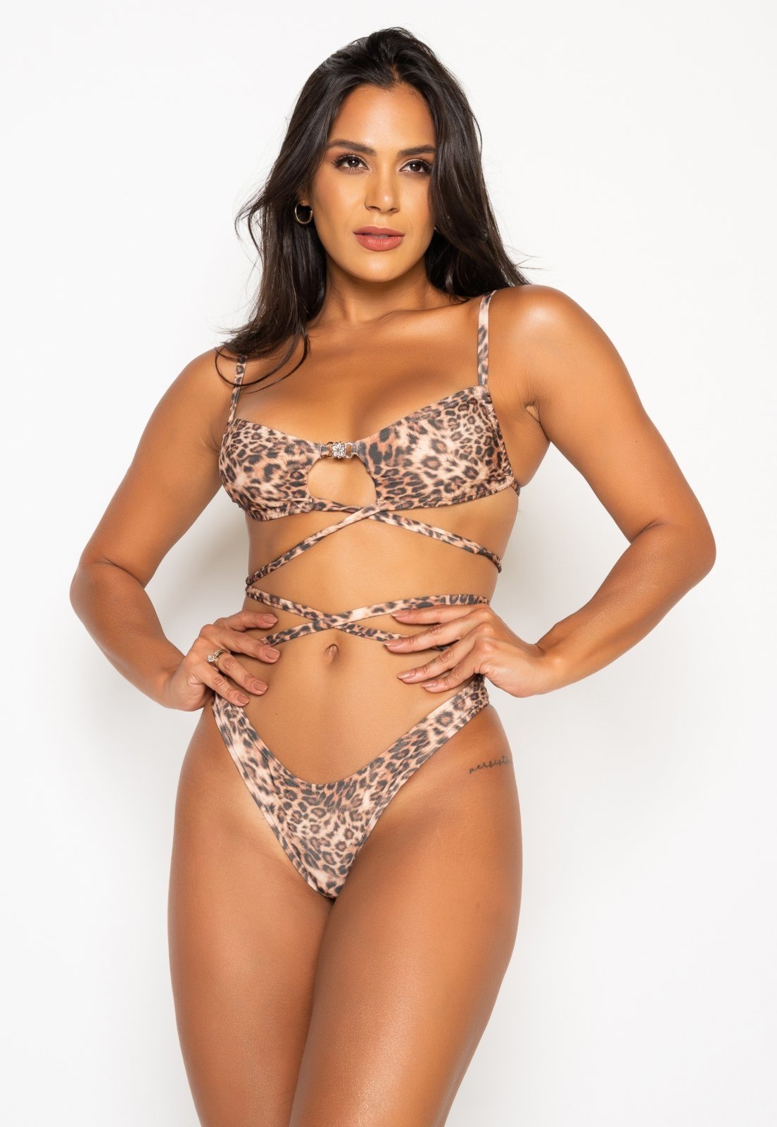 Biquini Feminino Bravaa Store Estampado Tiras Várias Amarrações Gringo Argolas Moda Praia Verão Blogueiras 339 Marrom