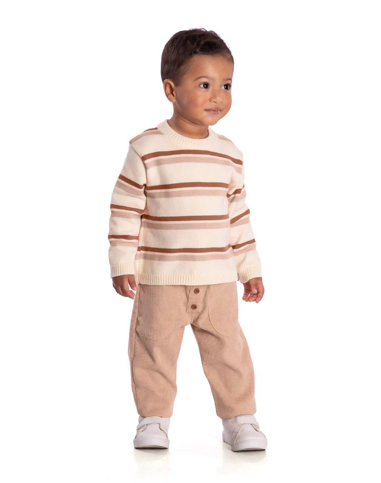 Infantil - Conj. casaco tricô listrado + calça veludo cotelê