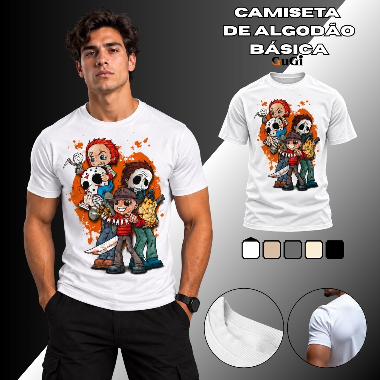 Camiseta Masculina Halloween Monstros Slasher 100% Algodão 30.1 Branco