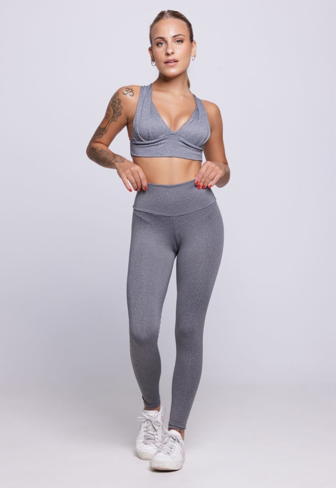 Conjunto Top Bojo e Calça Fitness Bella Fiore Modas Academia Cintura Alta Cinza