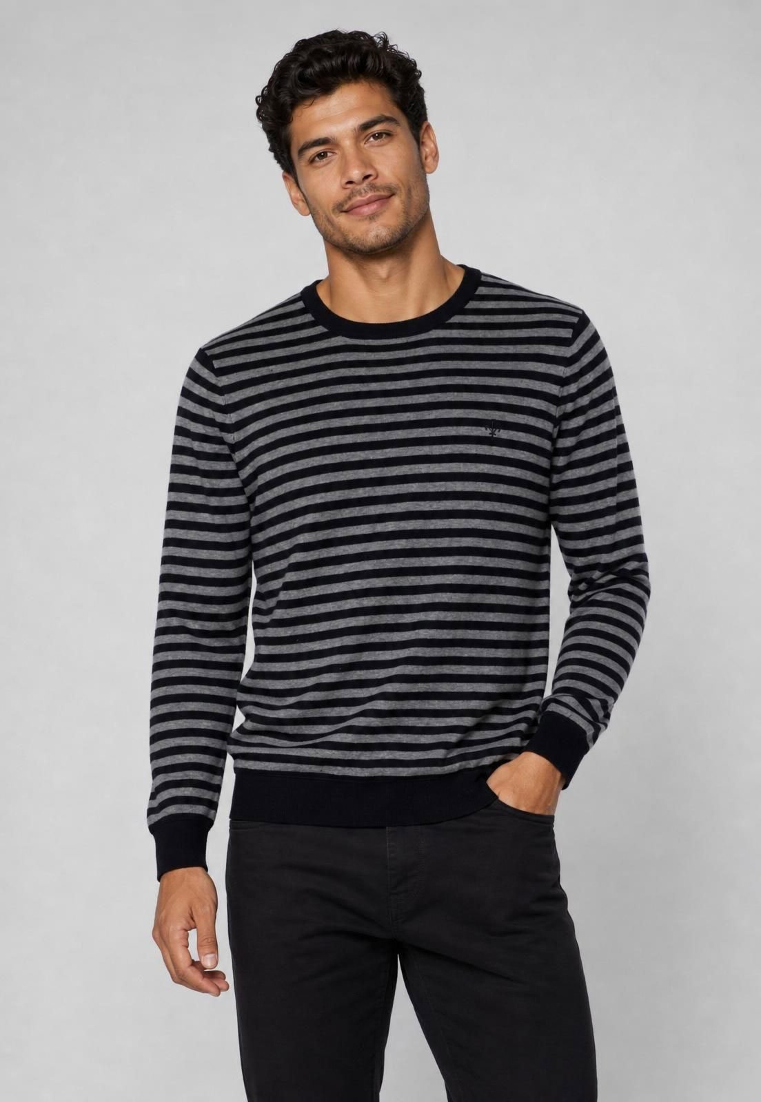 Suéter Dudalina Tricot Dupla Face Cotton Listrado Preto