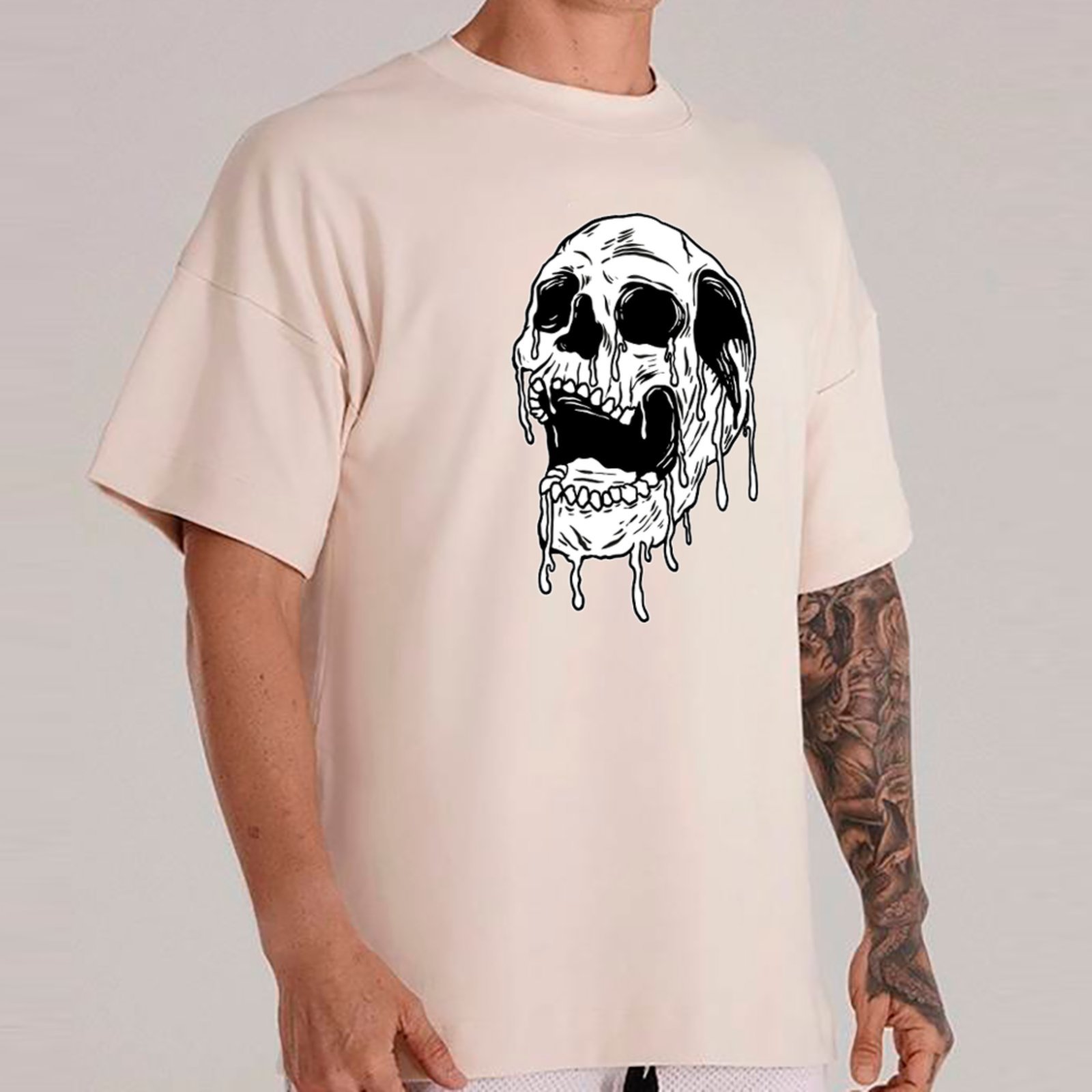 Vista 2 Camiseta Ousy Unissex Streetwear Melting Skull Visual Exclusivo Oversized Off White off-white white ousy off-white white