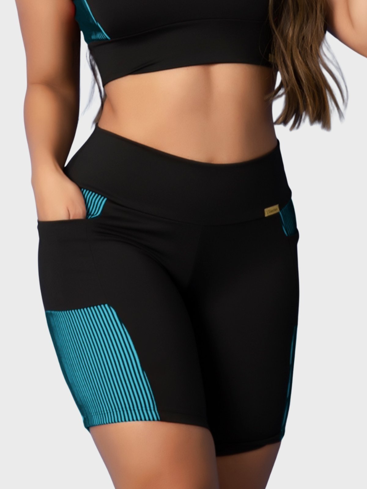 Short Fitness Tarelles Cintura Alta 3D Bolso Preto e Azul