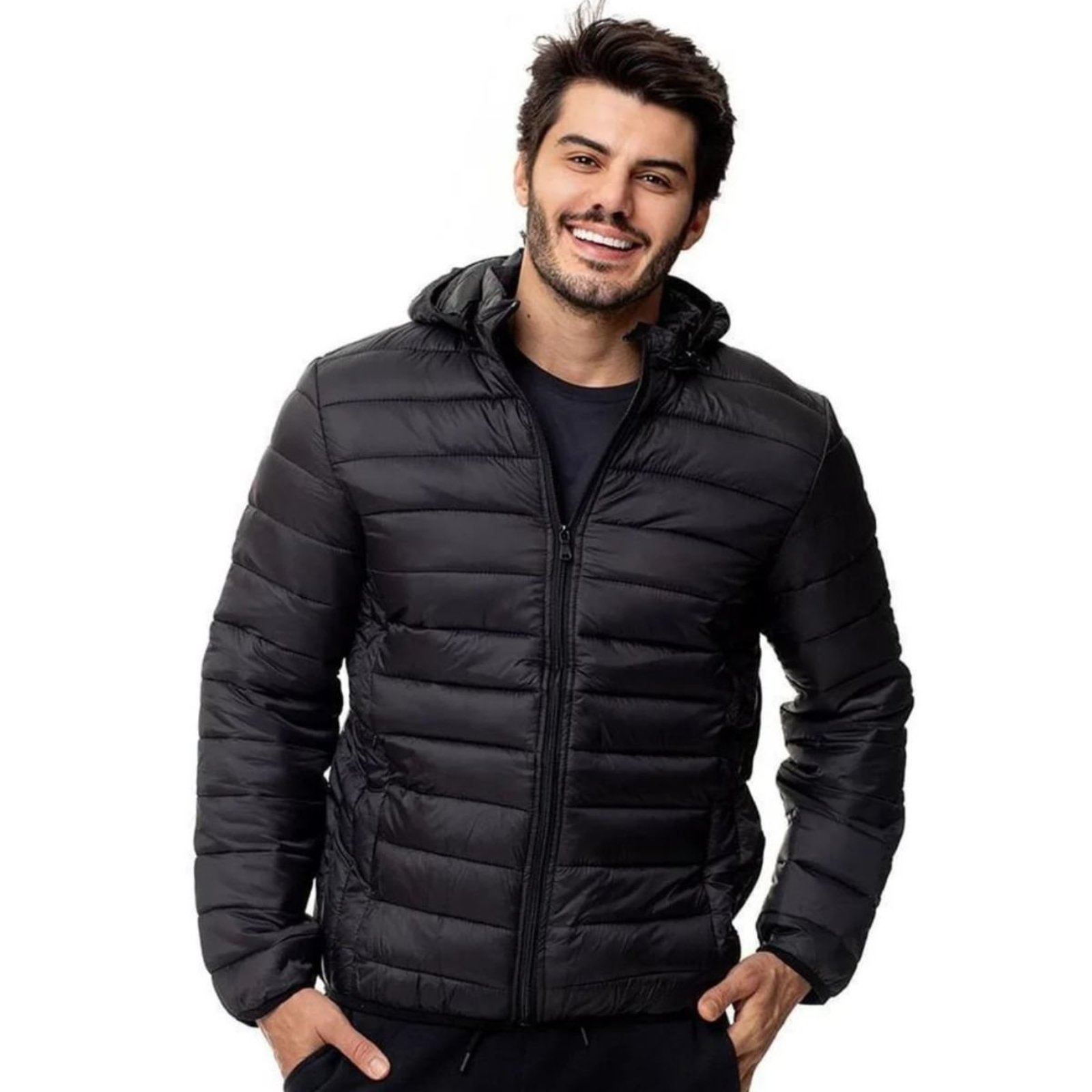 Jaqueta Masculina Puffer Lisa Impermeável com Capuz Removível e Isolamento Térmico Preto