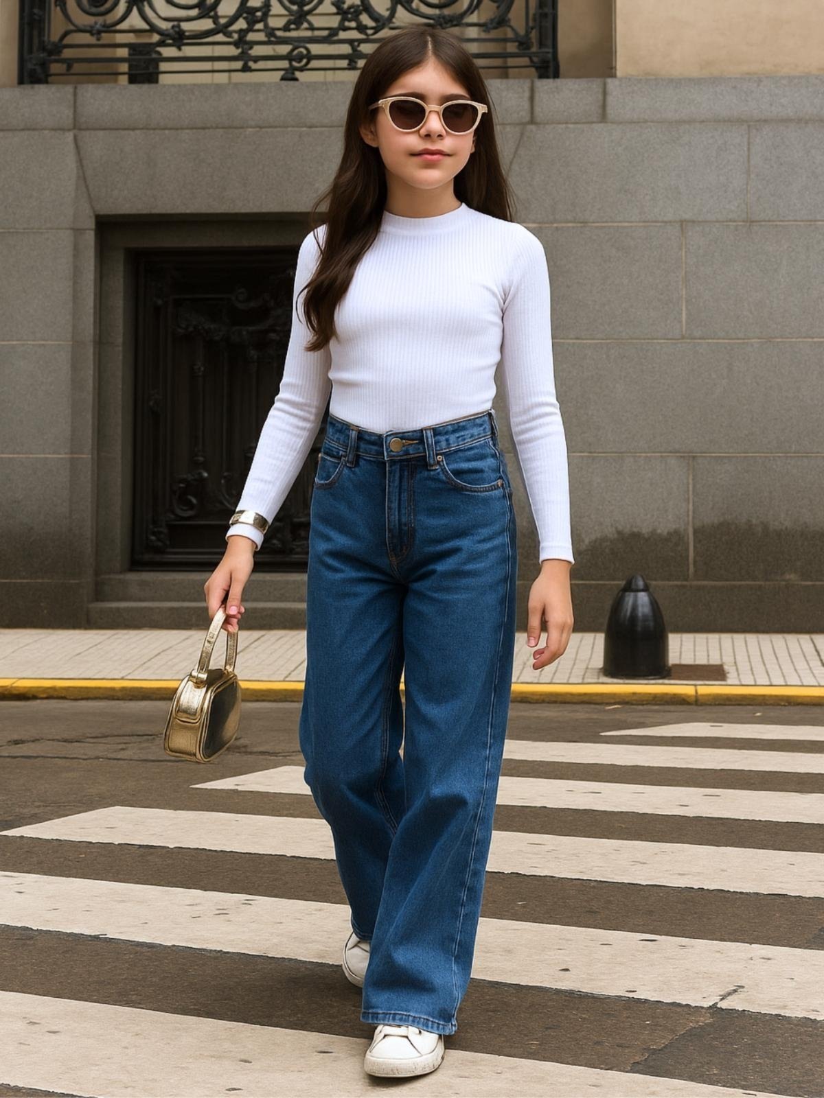 Infantil – Calça Jeans Azul Feminina Juvenil Crawling Wide Leg Cintura Alta