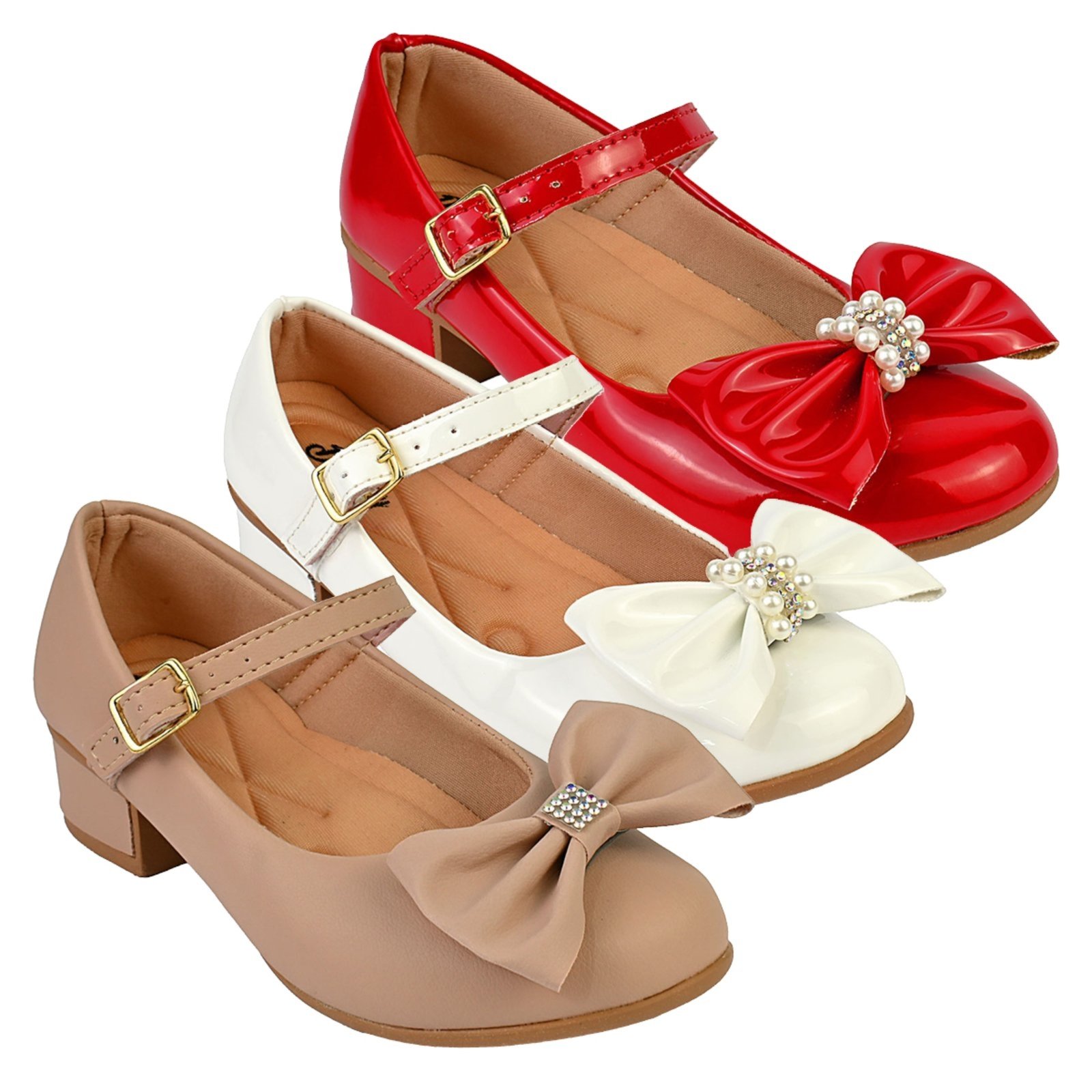 Infantil - Kit Com 3 Pares Sapatilha Feminina De Menina Boneca Do 28 Ao 36 101 - VERMELHO E NUDE FOSCO E BRANCO 503