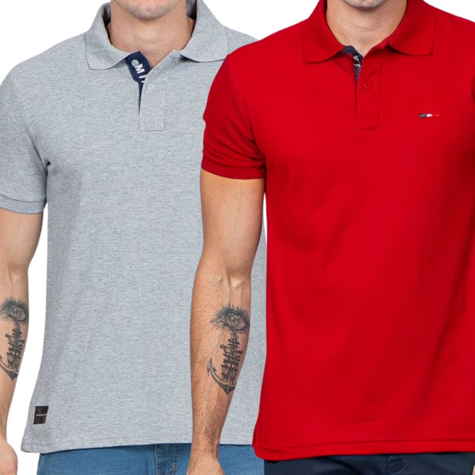 Kit 2 Polos Masculina Básicas FMF Cinza e Vermelho Piquet no Estilo Tommy Bordado França