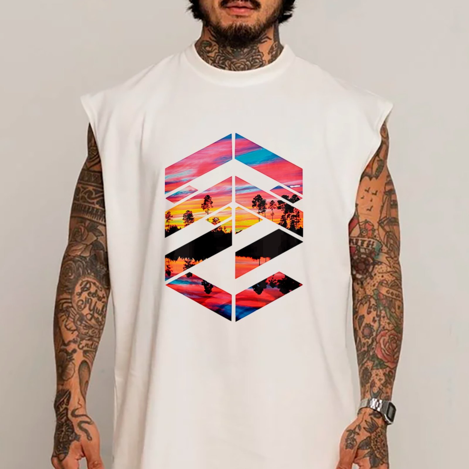 Camiseta Regata Machão Natureza Geometric Sunset Moda Urbana Estilo Branco