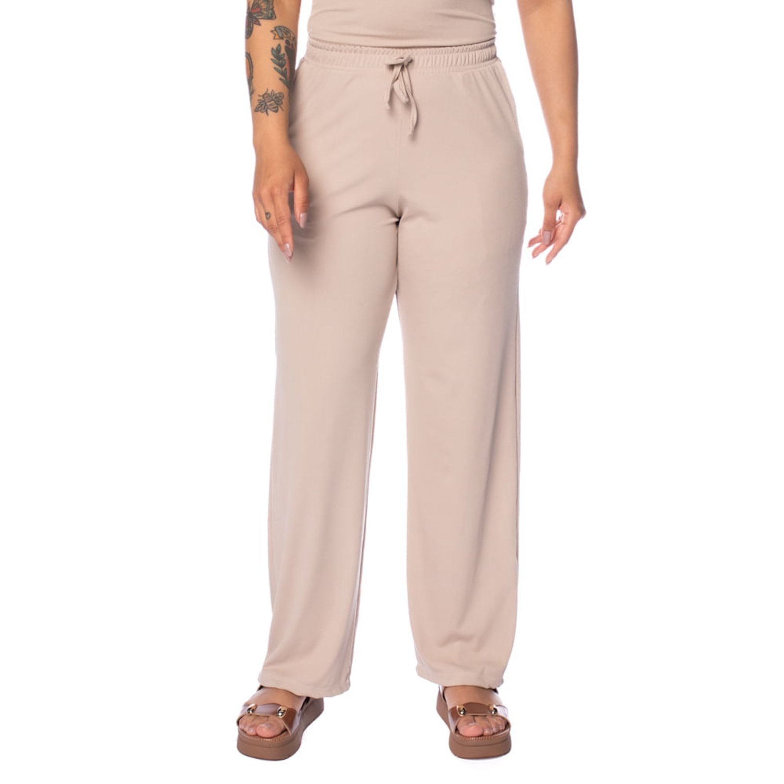 Calça Feminina Babicat Reta Cintura Média Canelada Bege