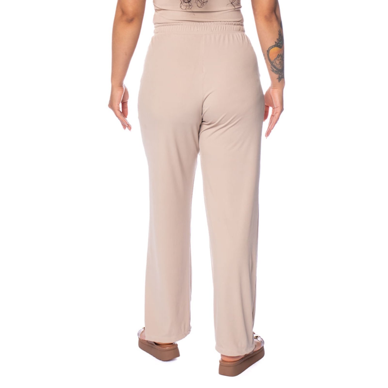 Vista 3 Calça Feminina Babicat Reta Cintura Média Canelada bege Babicat bege