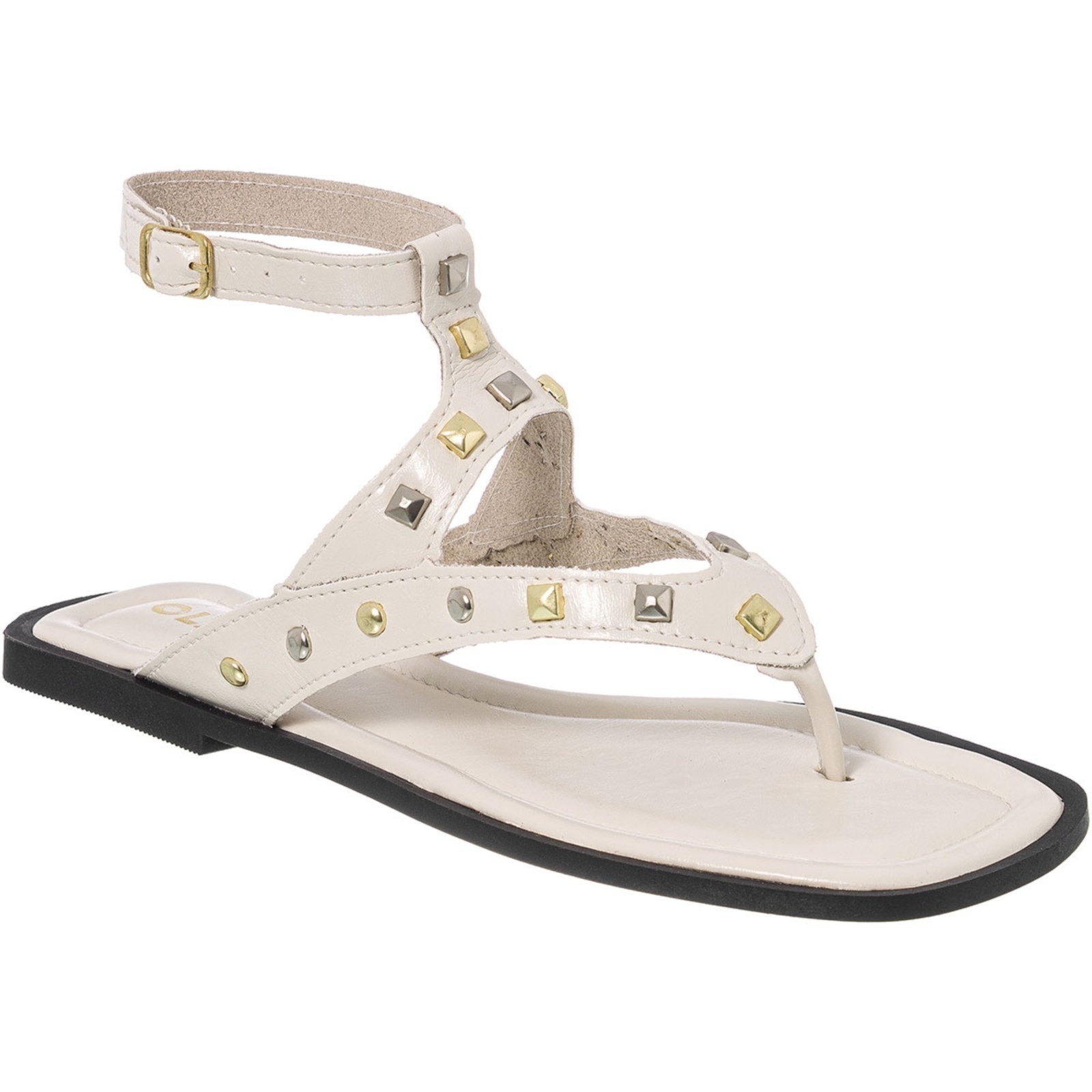 Sandália Rasteira Feminina com Tachas Dourada e Prata Fivela Ajustável Moderno Tendência Verão Olzzy Off-White