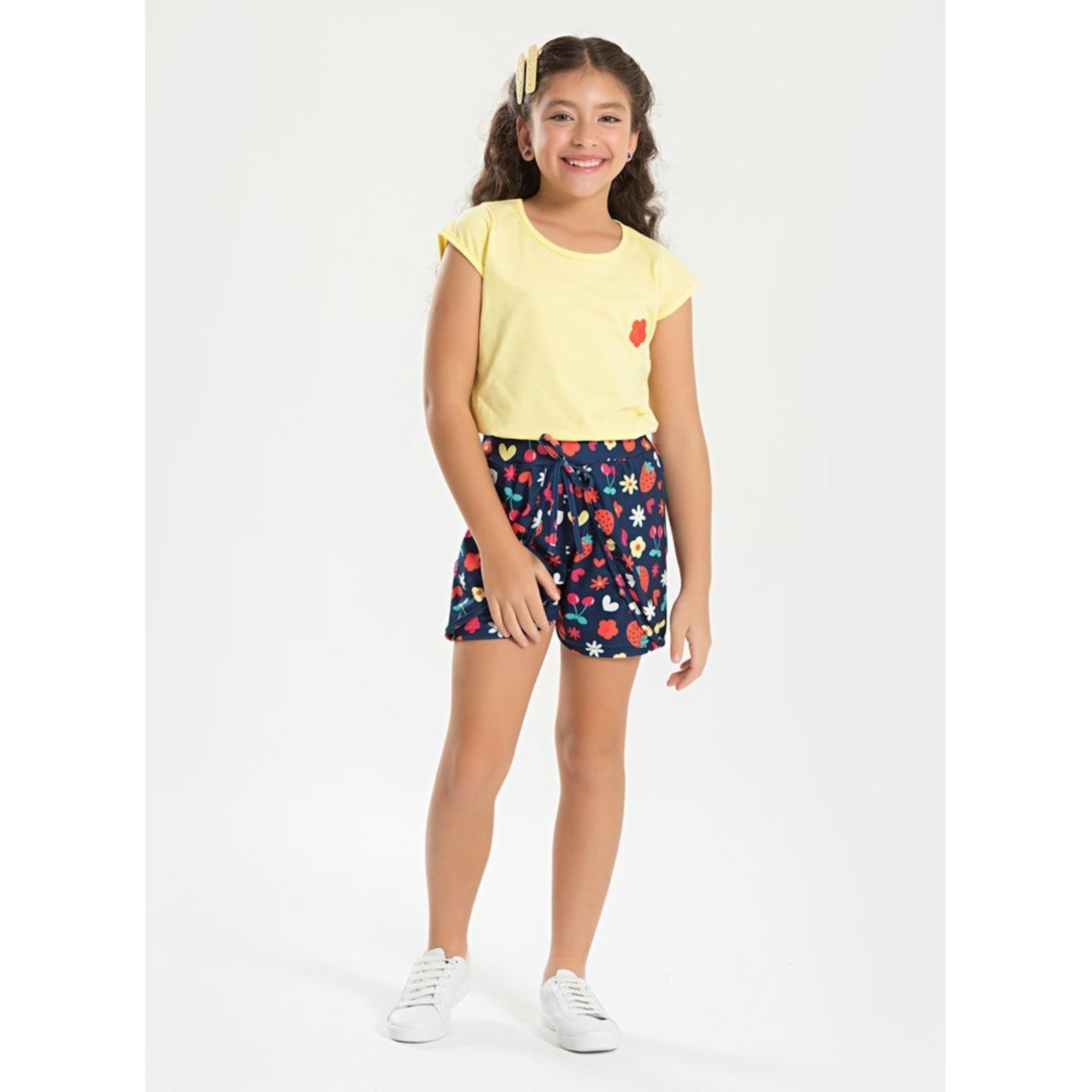 Infantil – Conjunto Verão Menina Amarelo Blusa com Manga Copinho e Shorts Saia Florido