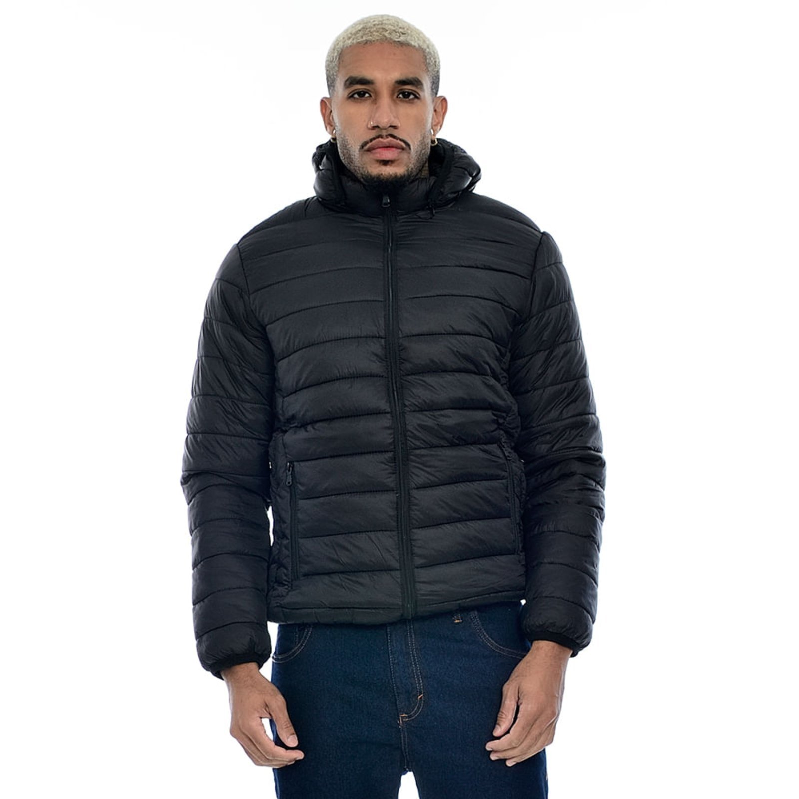 Jaqueta Puffer Acolchoada Masculina Capuz Removível Preto