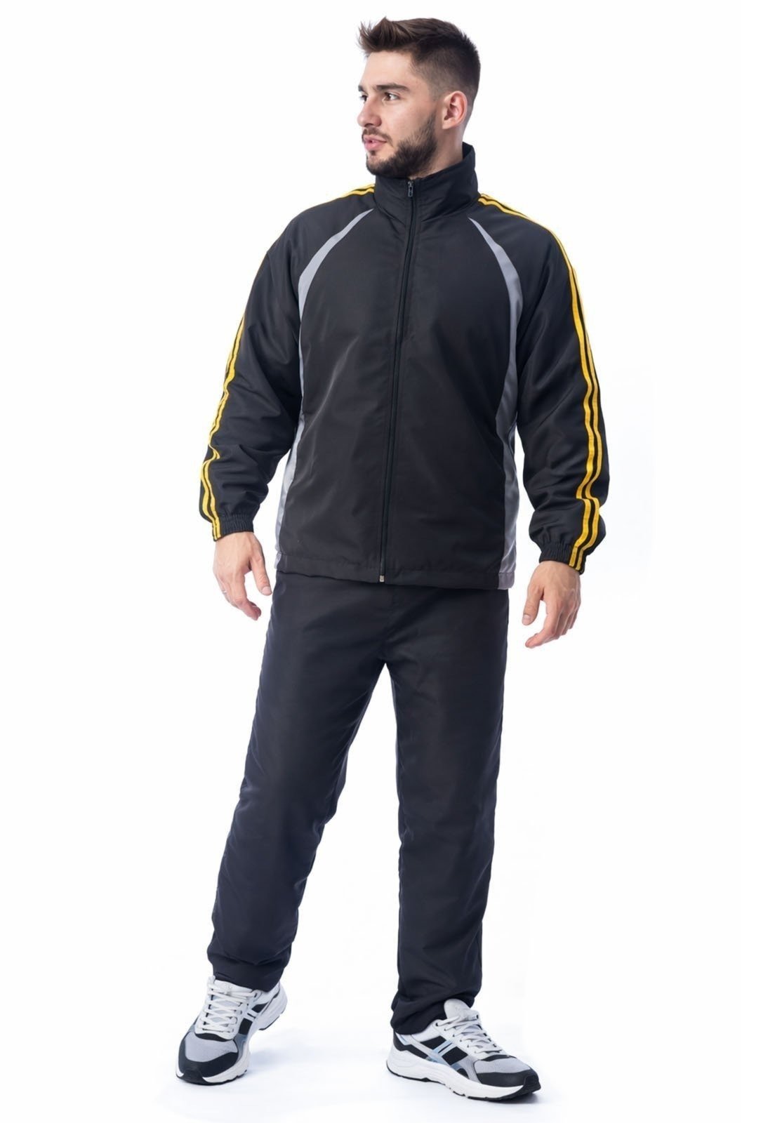 Agasalho Masculino Tactel Calça Jaqueta Forrado Esportivo Preto fitas amarelas