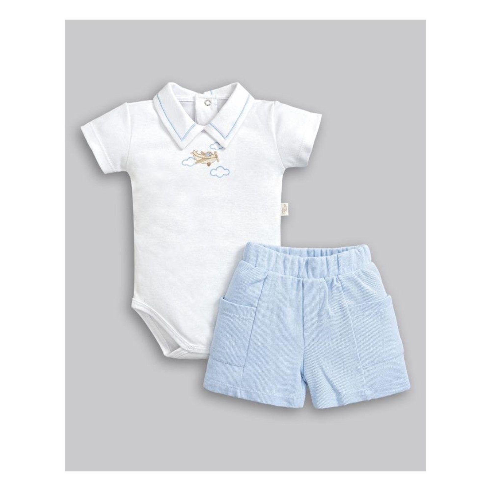 Infantil - Conjunto Body Gola Polo Bordado e Shorts Anjos Baby G Azul
