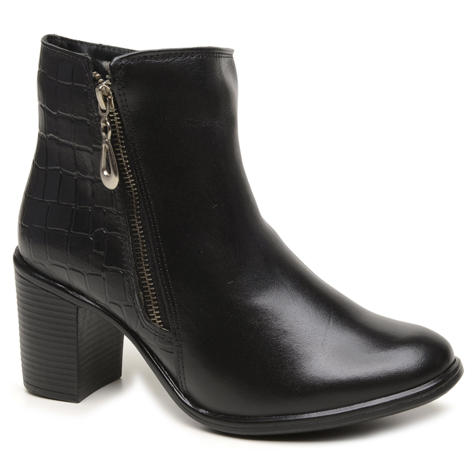 Bota Feminina Salto Bloco Couro Legítimo Textura Croco Zíper Estilo Moderno