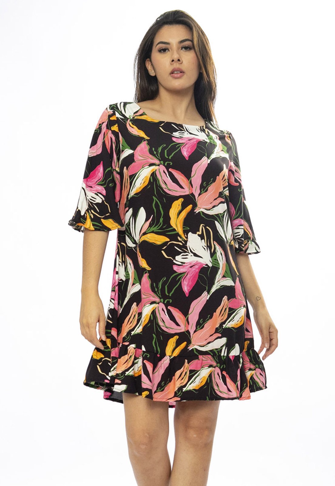 Vestido Amazonia Vital Curto Viscose Estampa Pétalas Noturna
