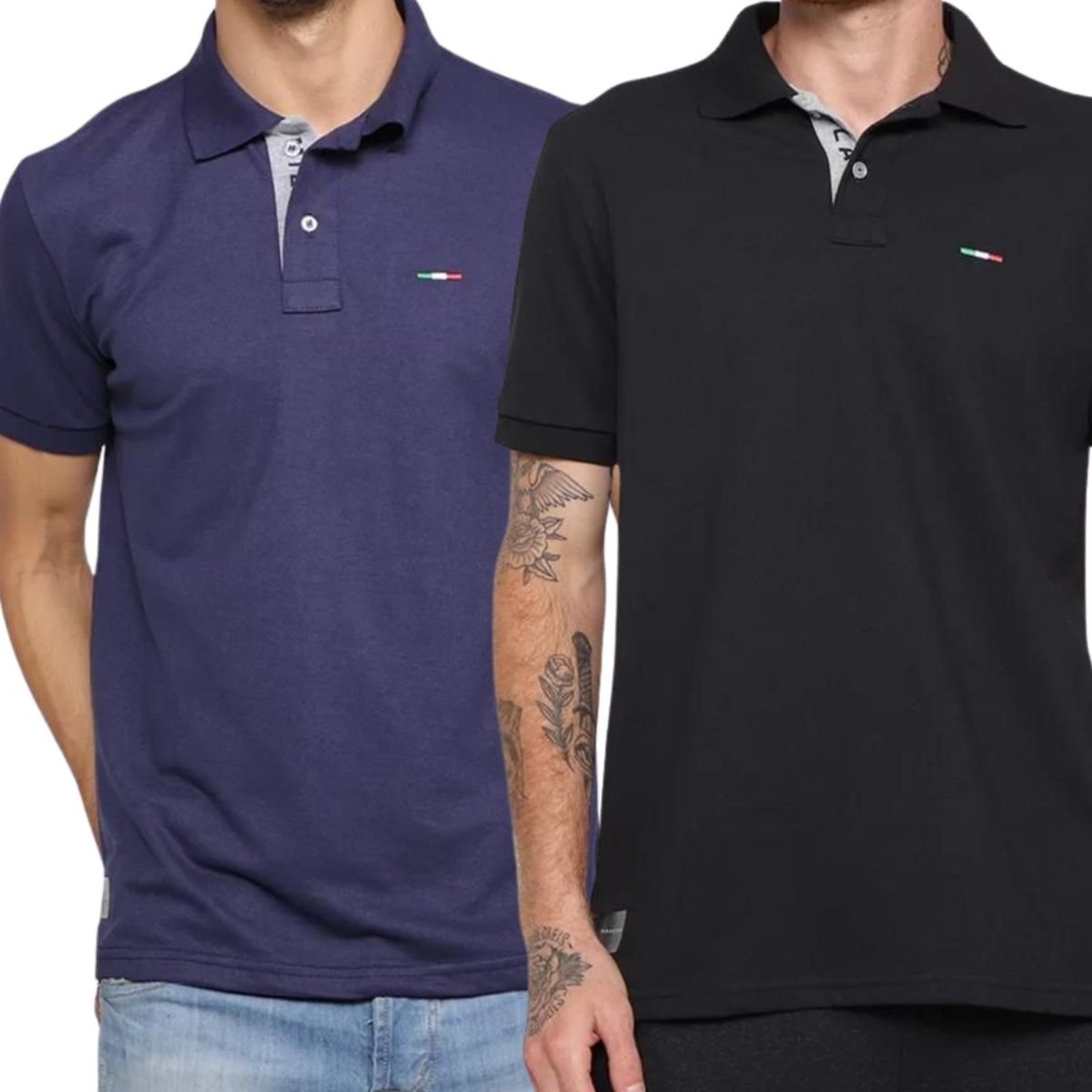 Kit 2 Polos Masculina Básicas Bordado Itália Preto Marinho Azul Marinho