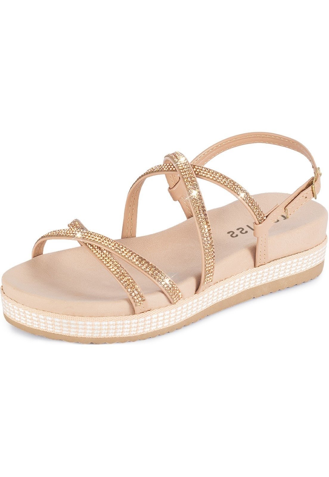 Sandália Feminina Papete Lumiss Tiras Strass Brilho Cristal Flatform Confortável Nude