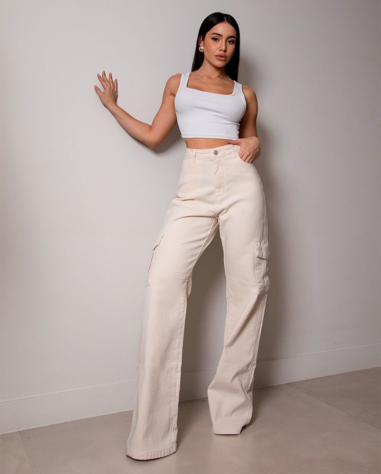 Calça Jeans Wide Leg Feminina Cintura Alta Cargo com Elastano 22999 Off White Consciência