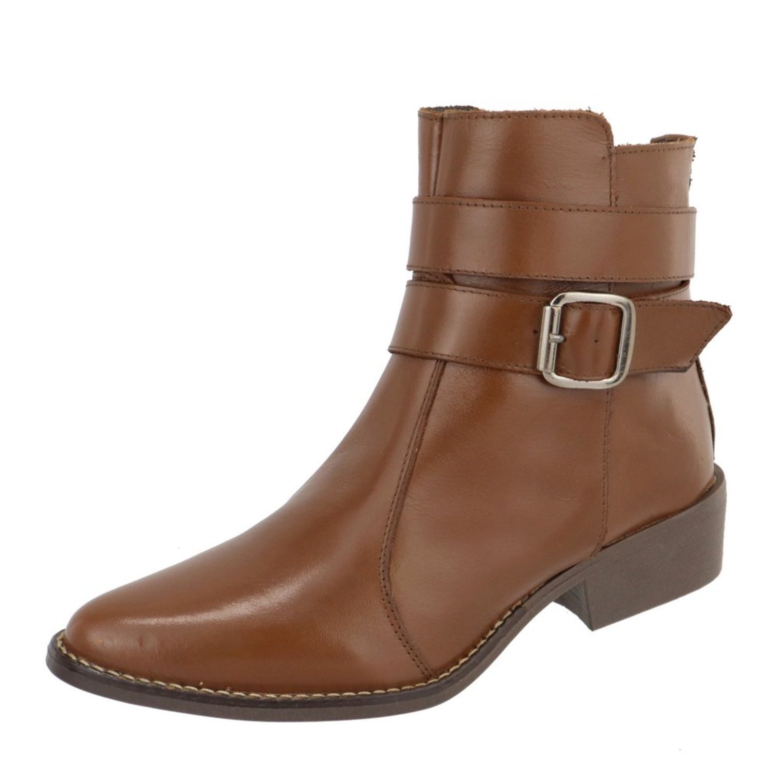Bota Feminina Cano Baixo Bico Fino Couro Conhaque Kuento Shoes