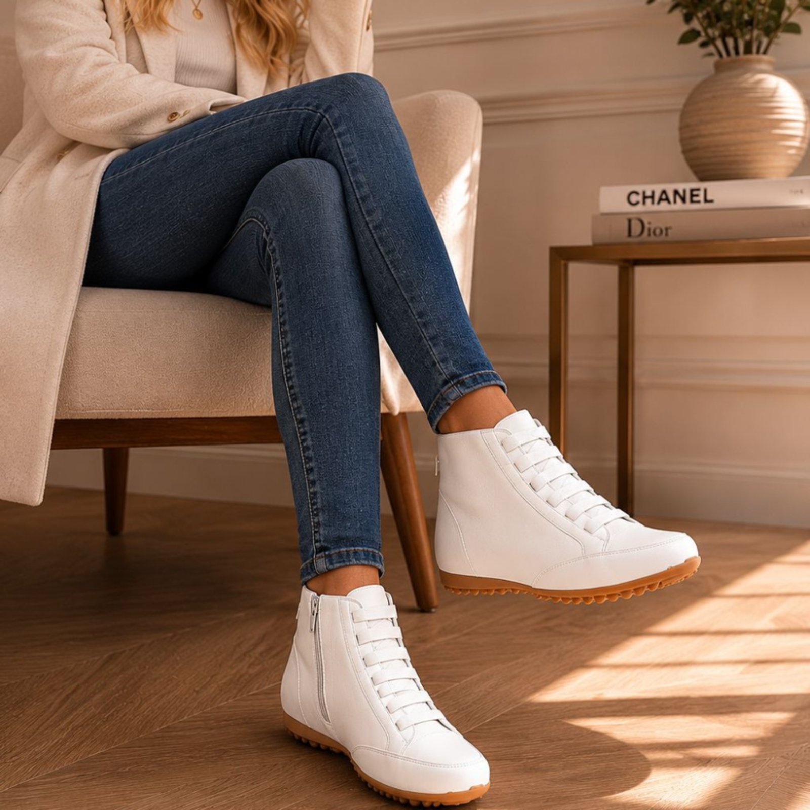 Bota Feminina Branca Comfort Cano Curto Sem Salto Zíper