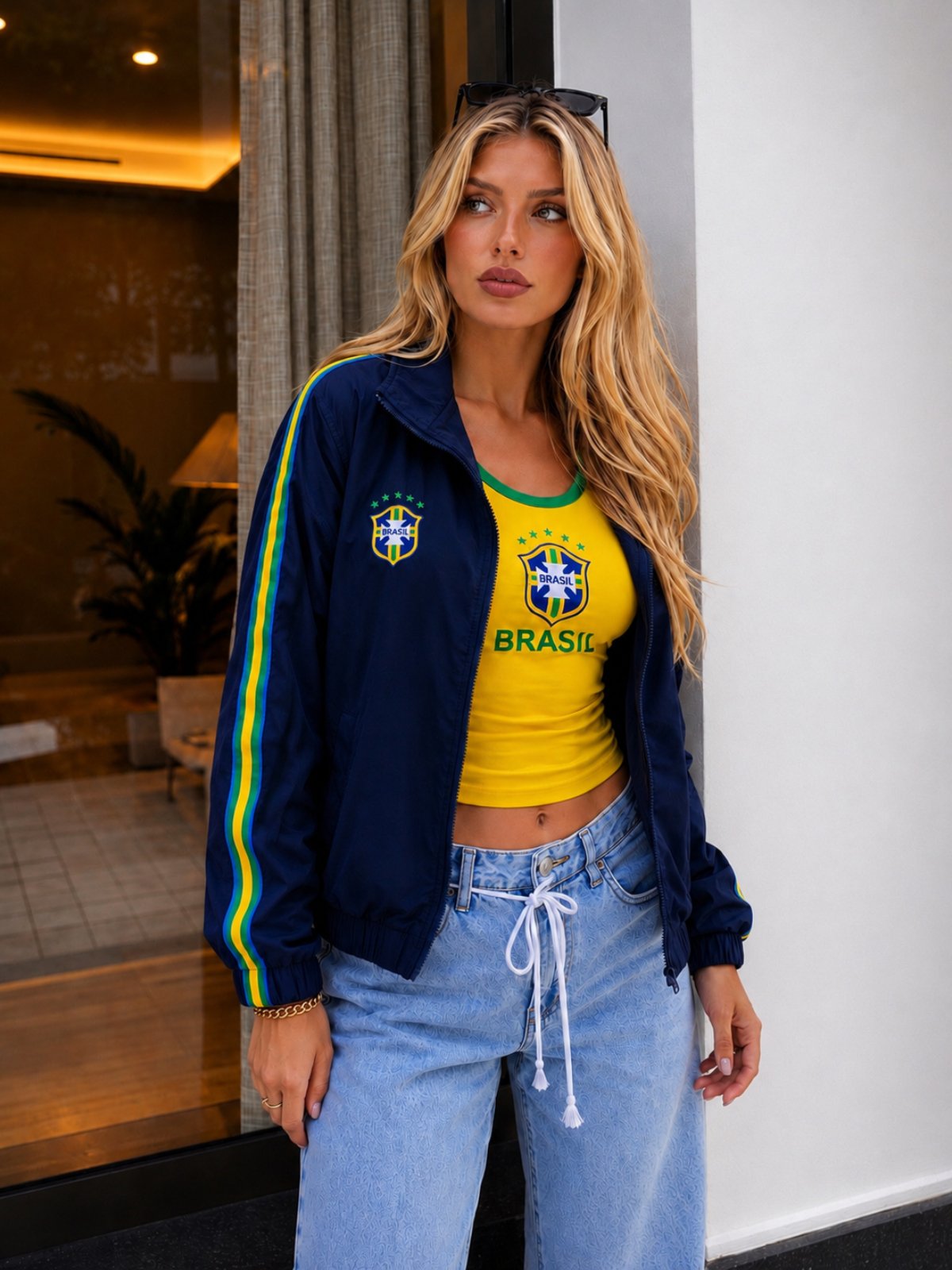 Jaqueta Corta Vento Brasil Feminina Azul Marinho