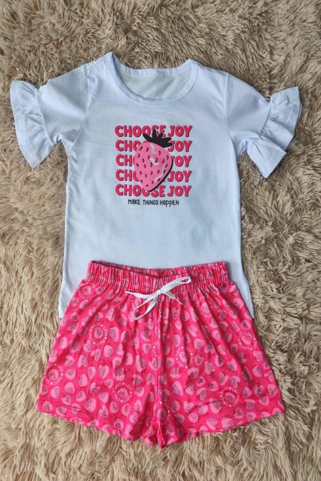 Infantil - Conjunto Menina Verão Blusa Meia Malha Babado e Shorts Confortável Estampado