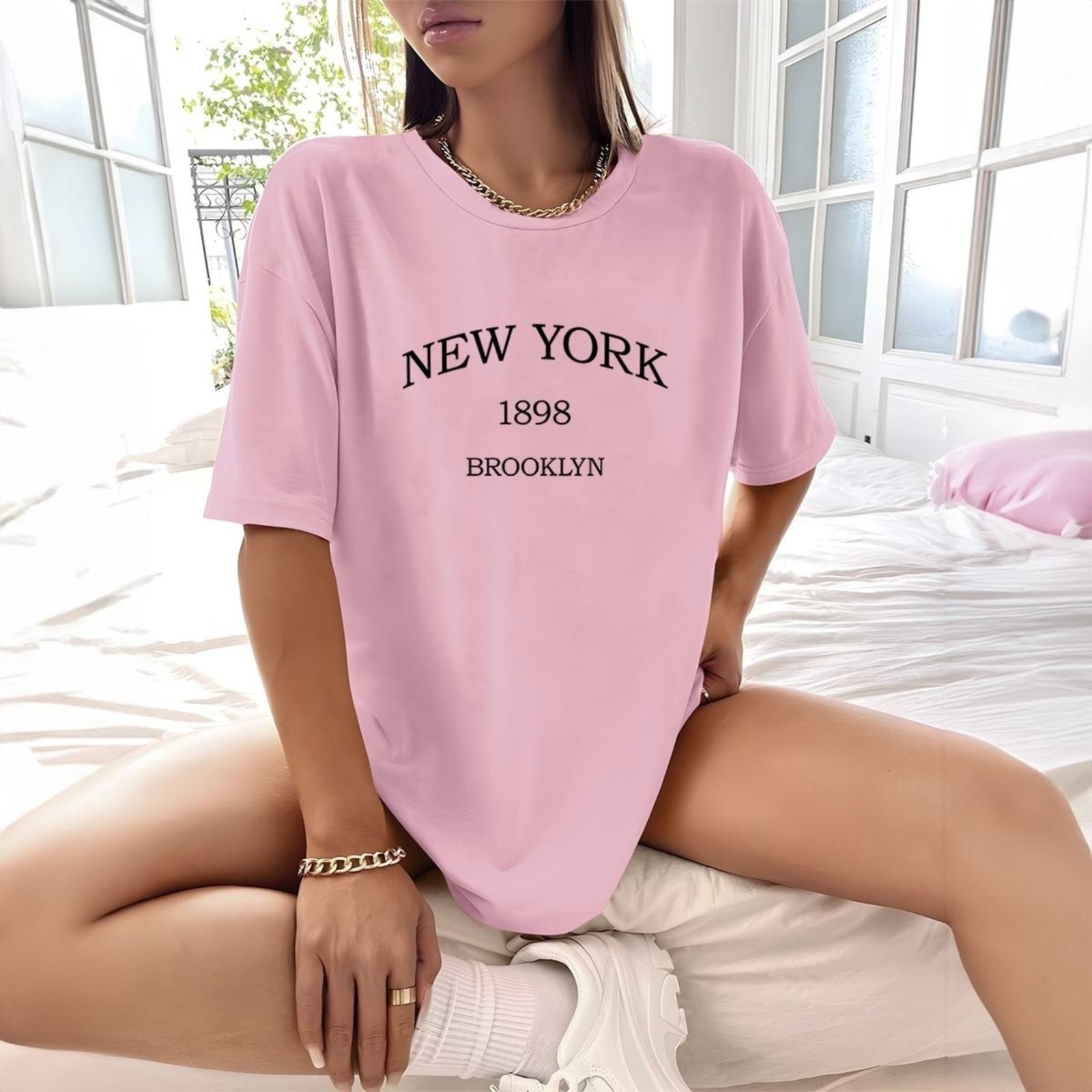 Camisa Camiseta Feminina Estampada New York 1898 Brooklyn 100% Algodão Fio 30.1 Penteado – Rosa