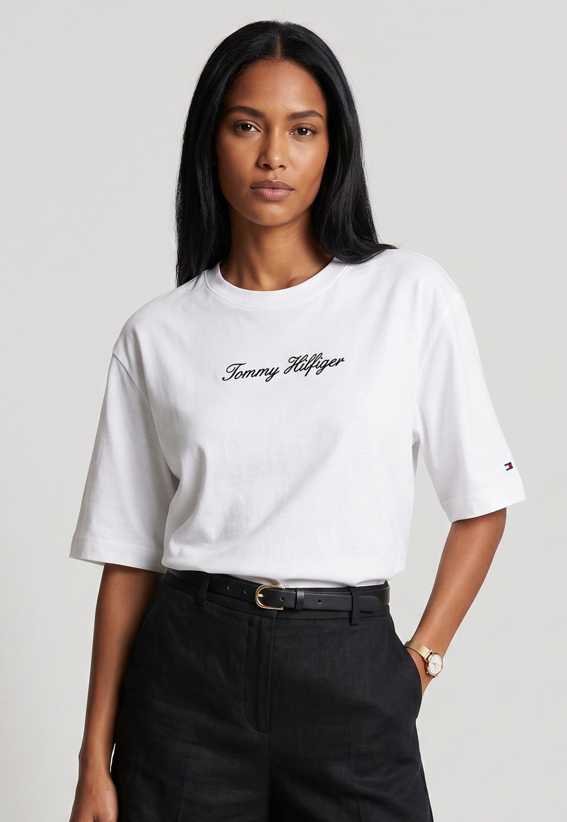 Camiseta Feminina Tommy Hilfiger Script Trapeze Branca