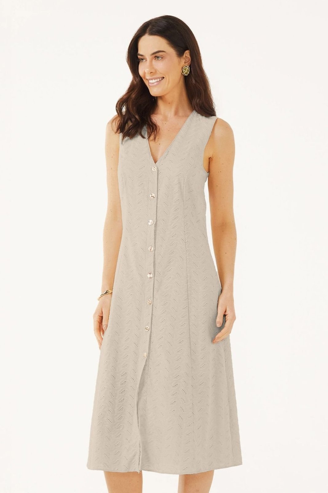 Vestido Midi Feminino Laise Botões Marialícia Bege