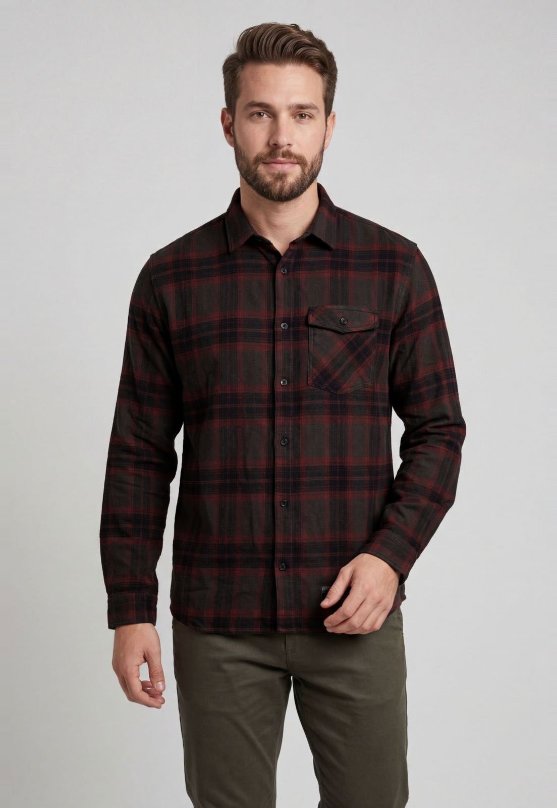 Camisa Masculina DC Shoes Xadrez Manga Longa Algodão Vinho