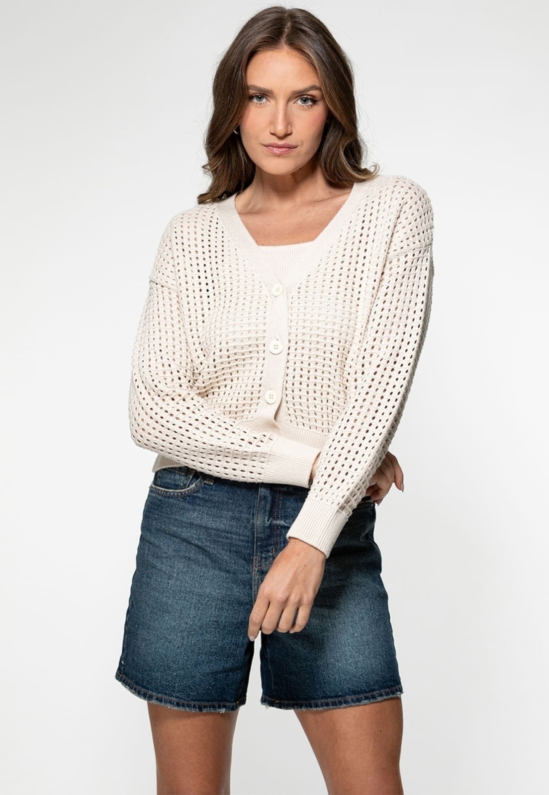 Cardigan Guess Tricot Vazado Creme