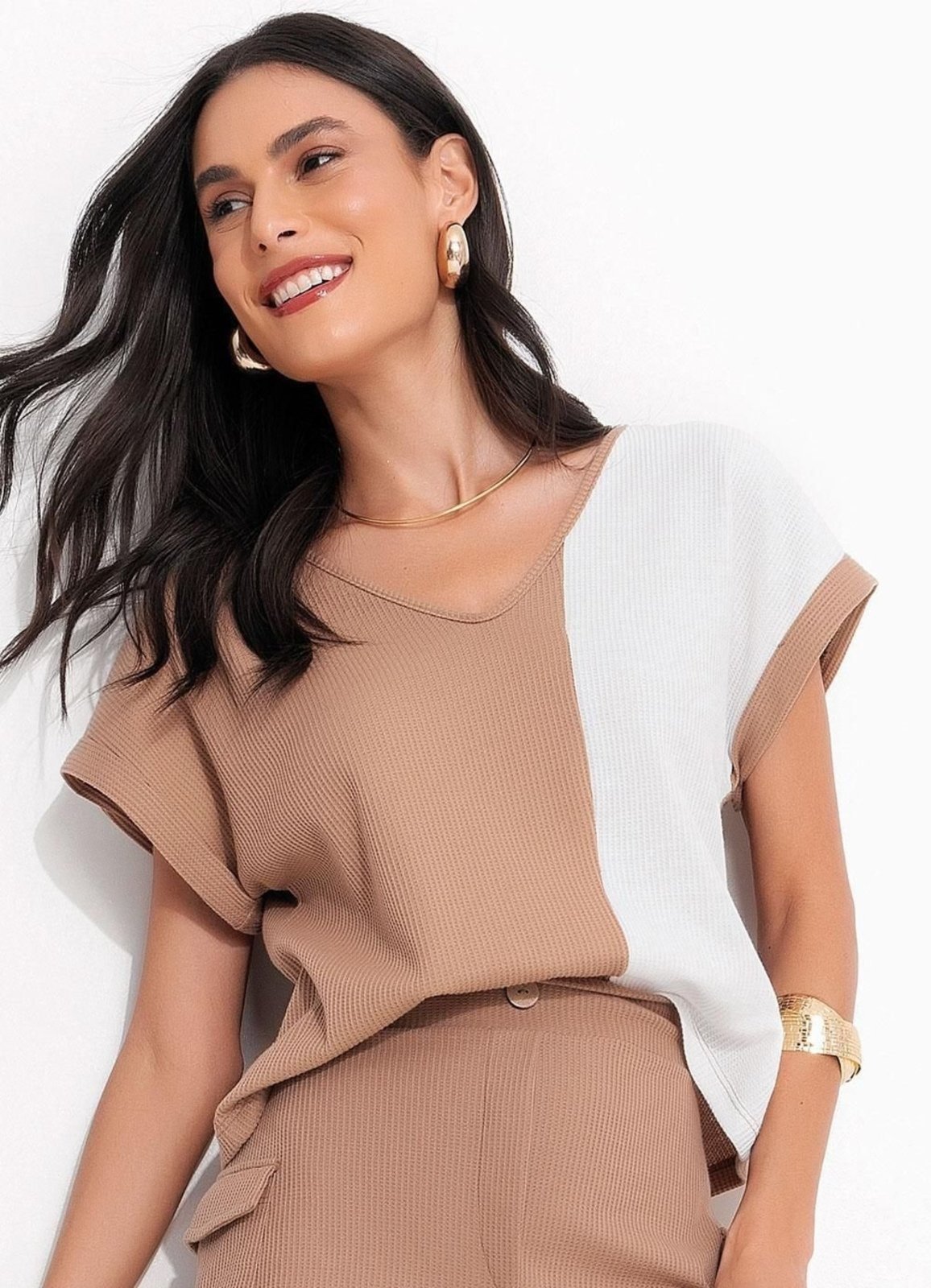 Blusa Marrom Claro Em Malha Texturizada Quintess