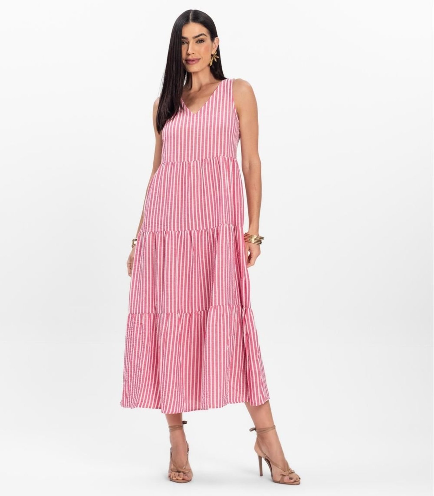 Vestido Midi Feminino Listrado Decote V Aishty Rosa