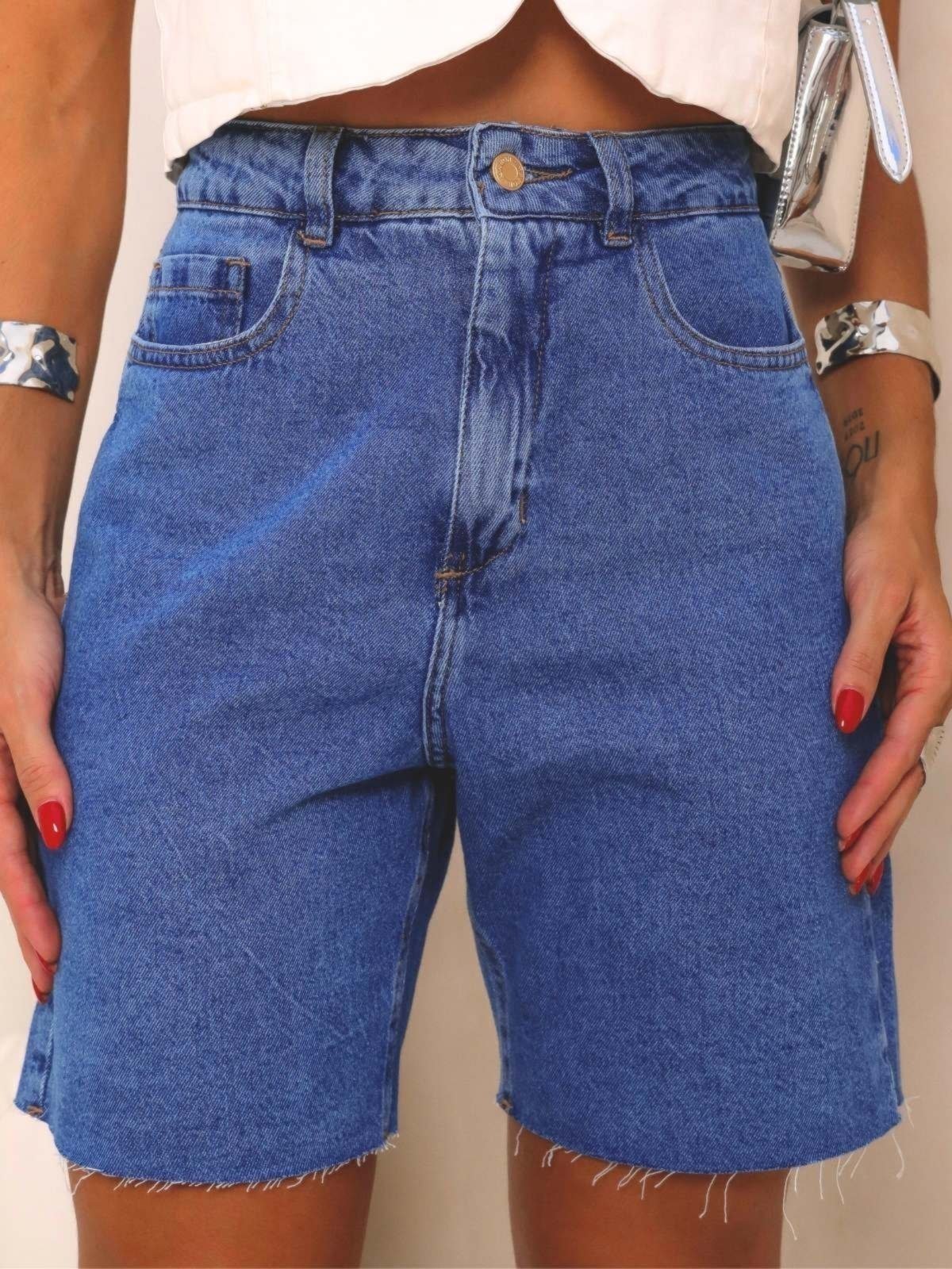 Bermuda Jorts Jeans Azul Mom Fit Cintura Alta Feminina