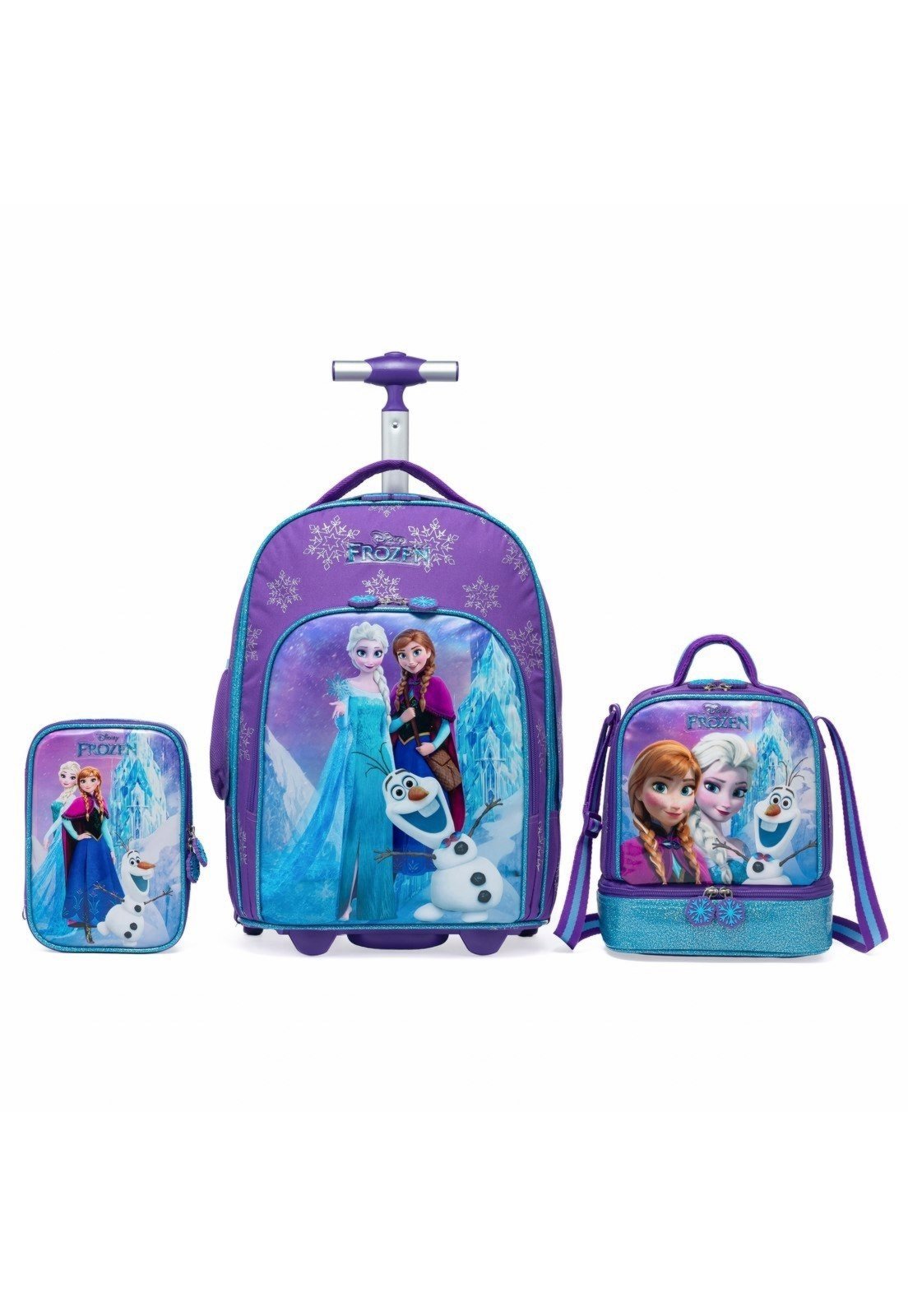 Infantil - Kit Mochila Rodinhas Lancheira Estojo Frozen Elsa Disney Menina Espaçosa Escolar