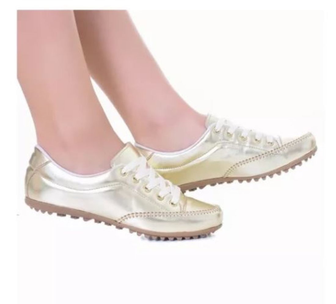 Sapatênis Feminino Comfort Casual Cadarço Dourado