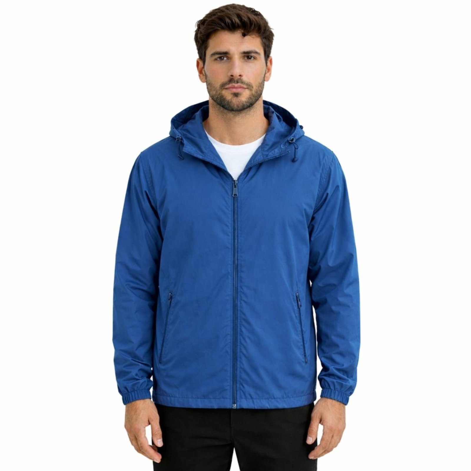 Corta Vento Masculina Preta Leve Com Capuz Removivel Azul